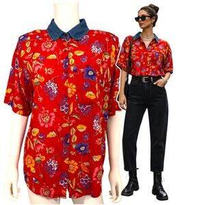 Vtg 80s 90s Just Class Red Floral Blouse Denim Collar Womens Small Cottagecore